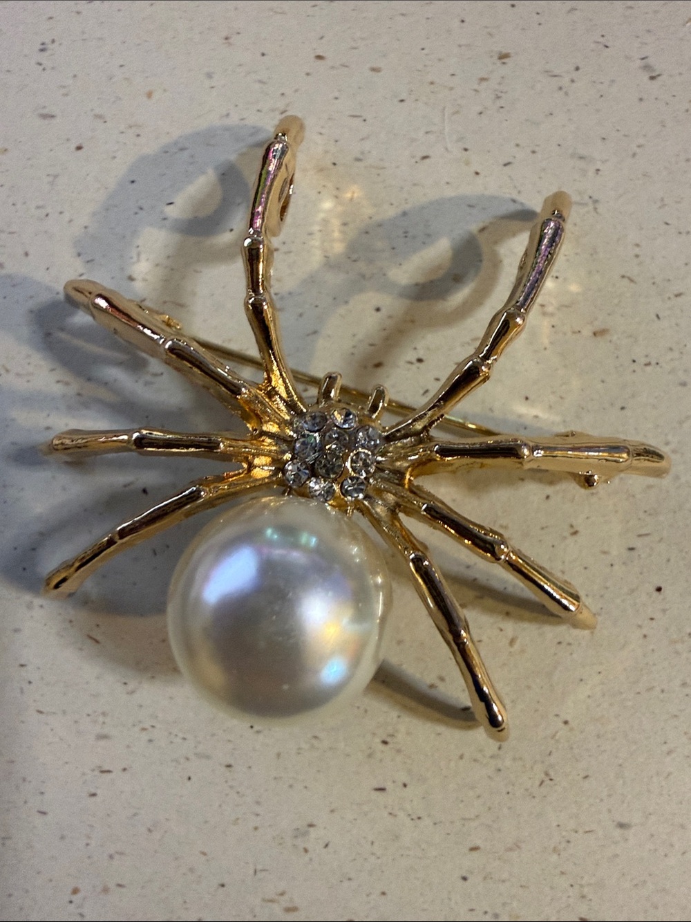 Gold Spider Pearl Brooch with Crystal Accents
